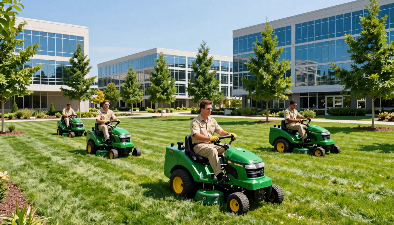 Commercial lawn care crew performing maintenance