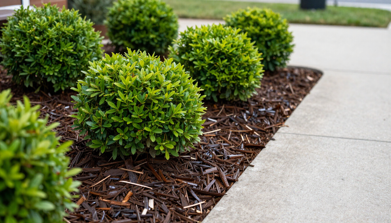 A beautifully mulched commercial flower bed in spring