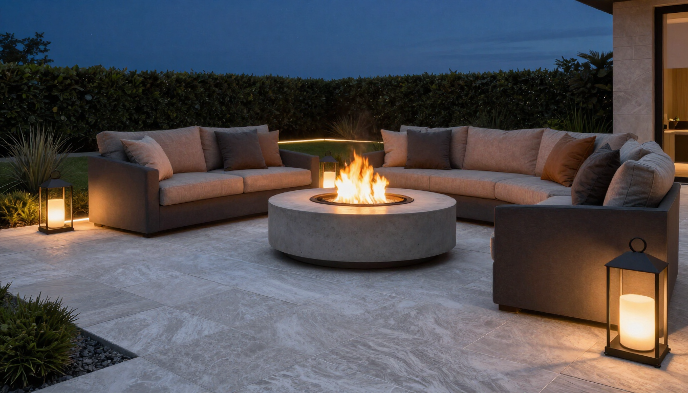 photorealistic modern outdoor fire pit area paver patio comfortable seating evening lighting 16_9