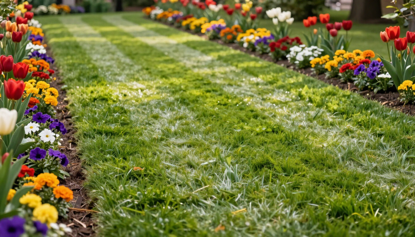photorealistic perfectly manicured green lawn striped mowing pattern neat edges flower beds 16_9