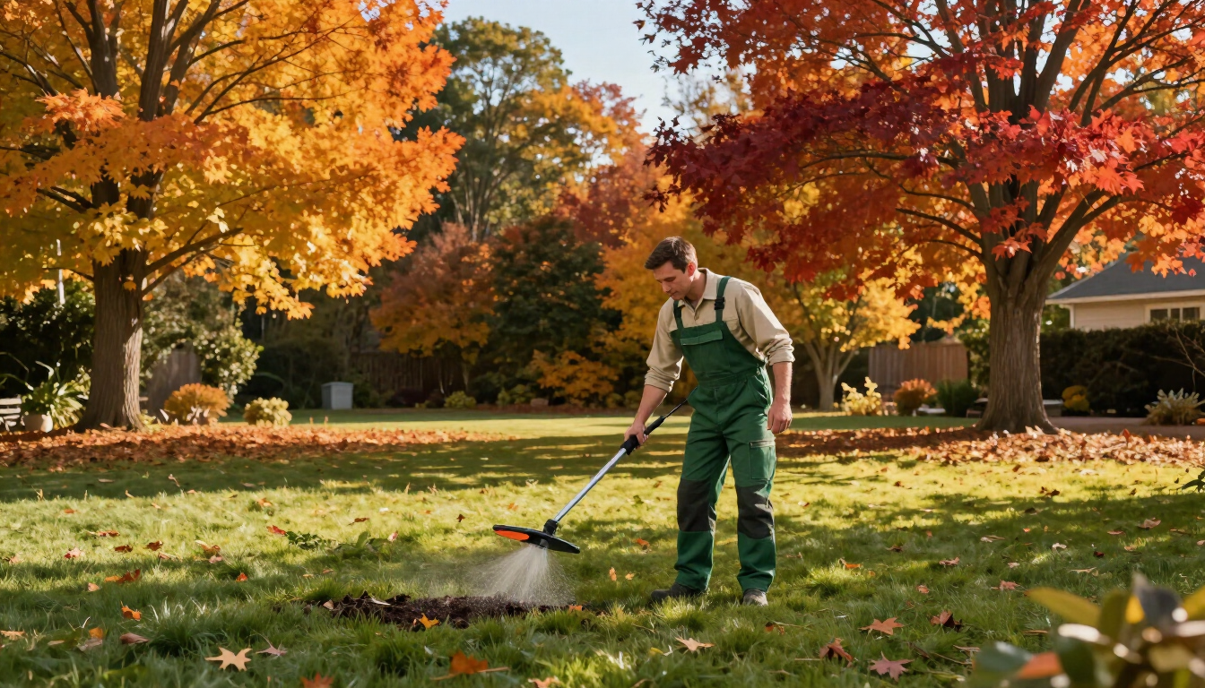 Landscaping professional applying grass seed