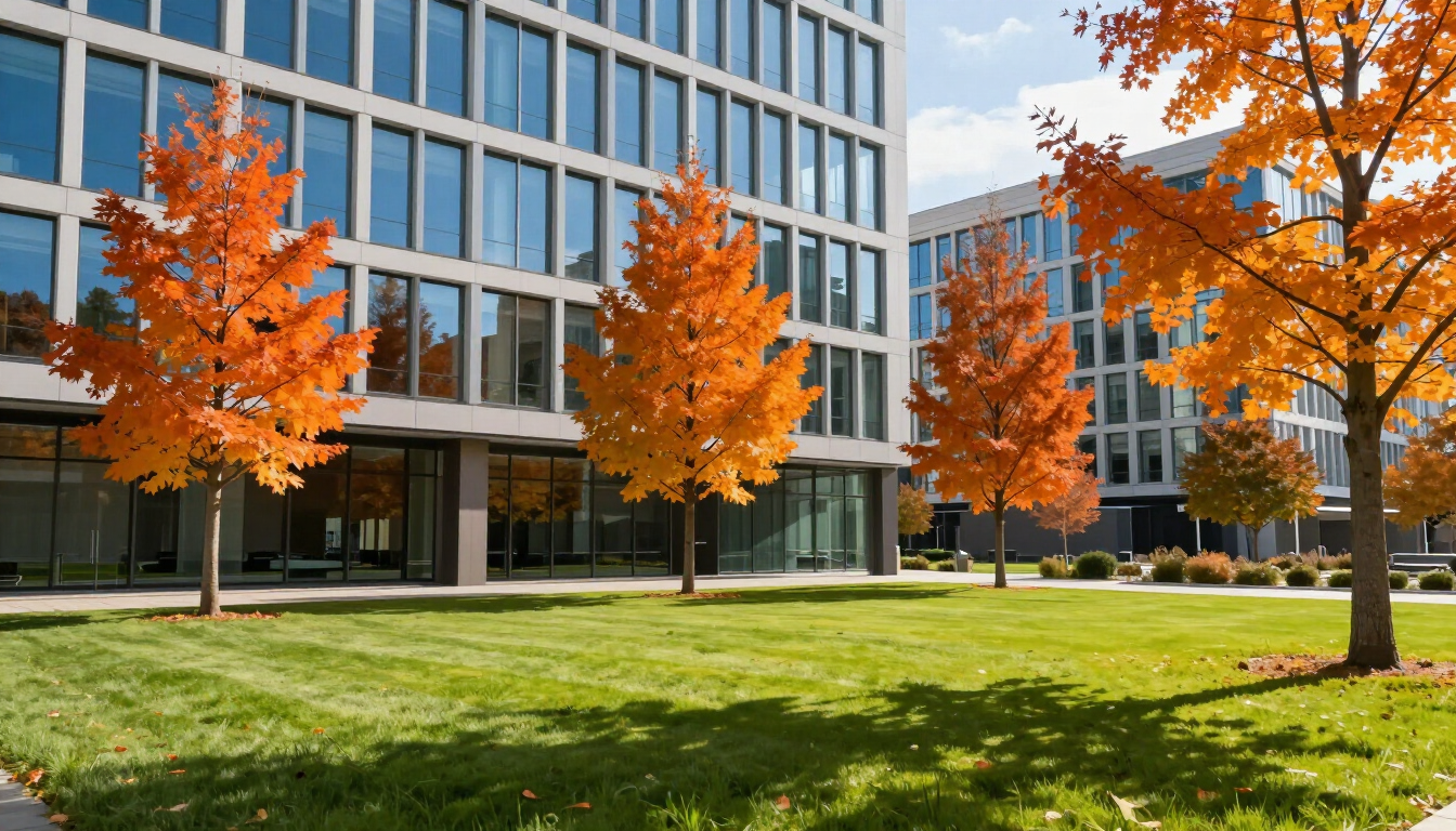 Professional office building with autumn landscaping