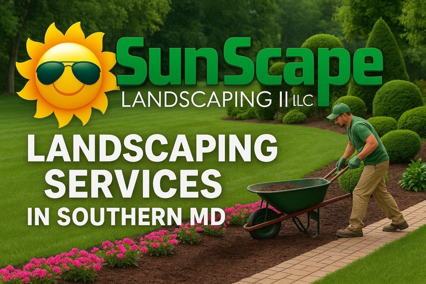 SunScape Landscaping logo with a worker pushing a wheelbarrow. Landscaping services in Southern MD.
