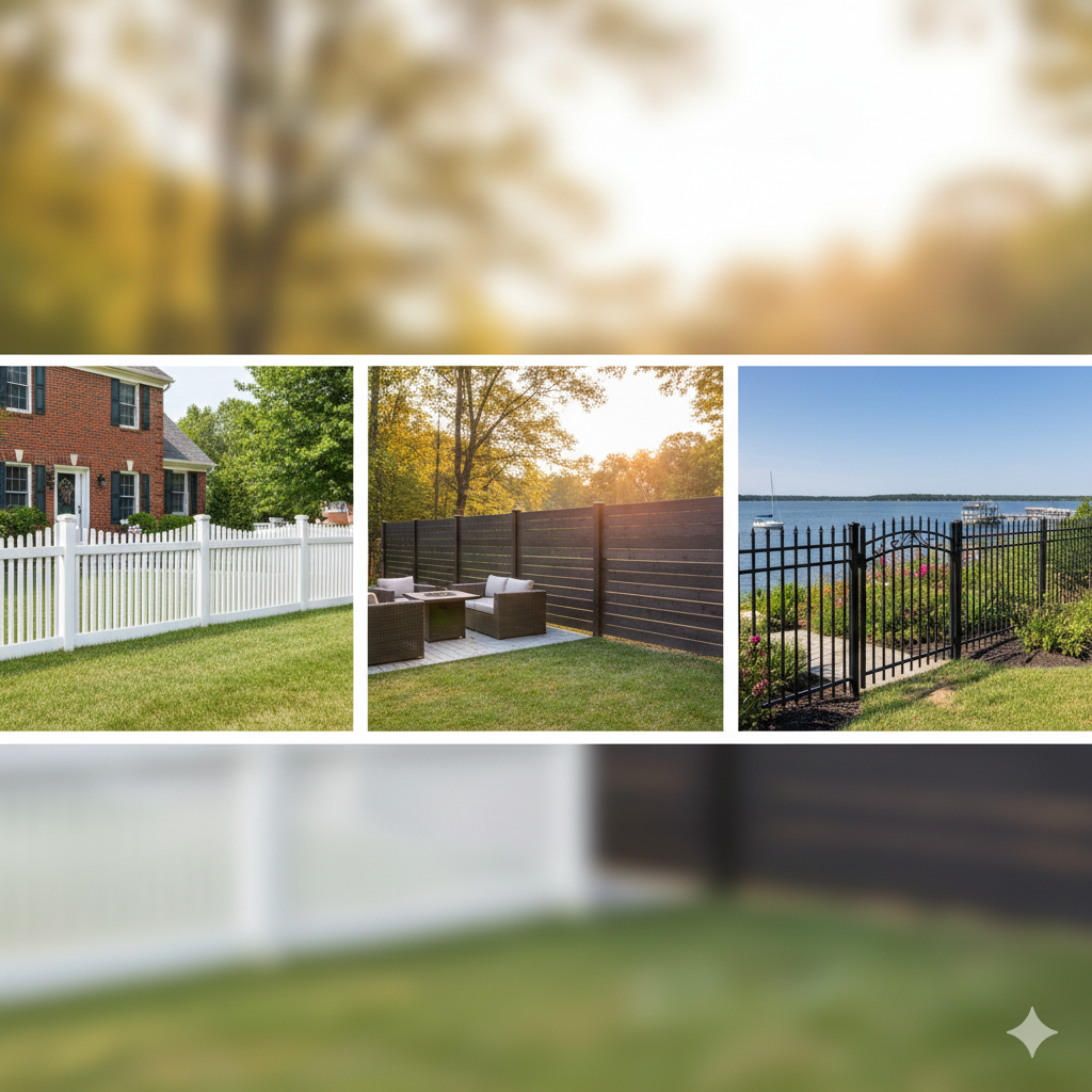 Three different yard fences: white picket, dark horizontal boards, and black metal, overlooking grass and outdoor settings.