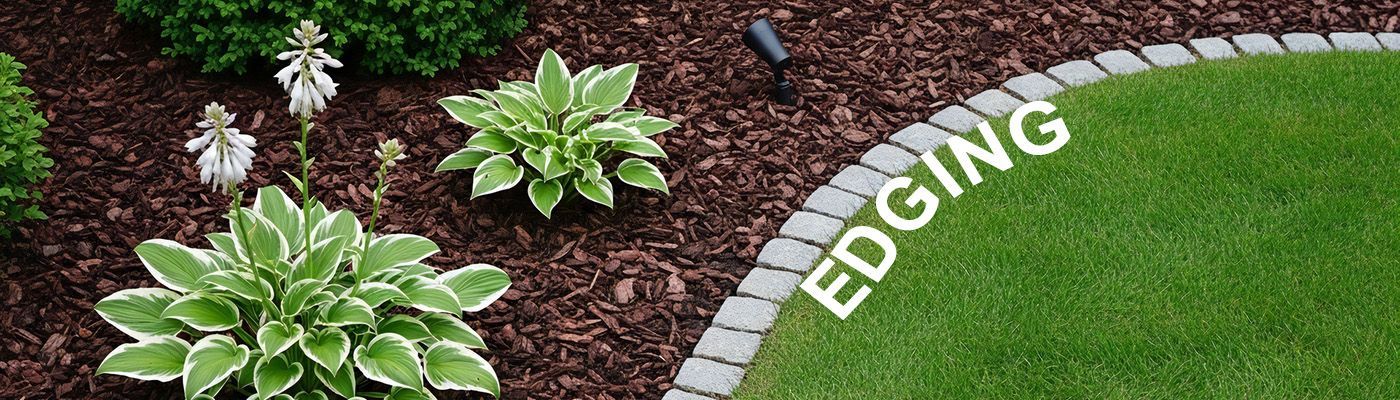 Lush green lawn separated by stone edging from a bed of wood chips and plants.