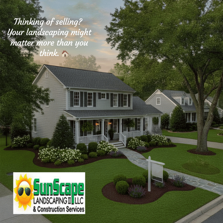 A beautifully landscaped front yard with professional lawn care and hardscaping.