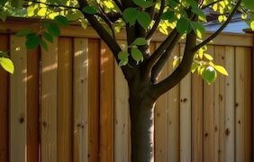 Tree with green leaves against a wooden fence. Sunlight shines on the leaves.