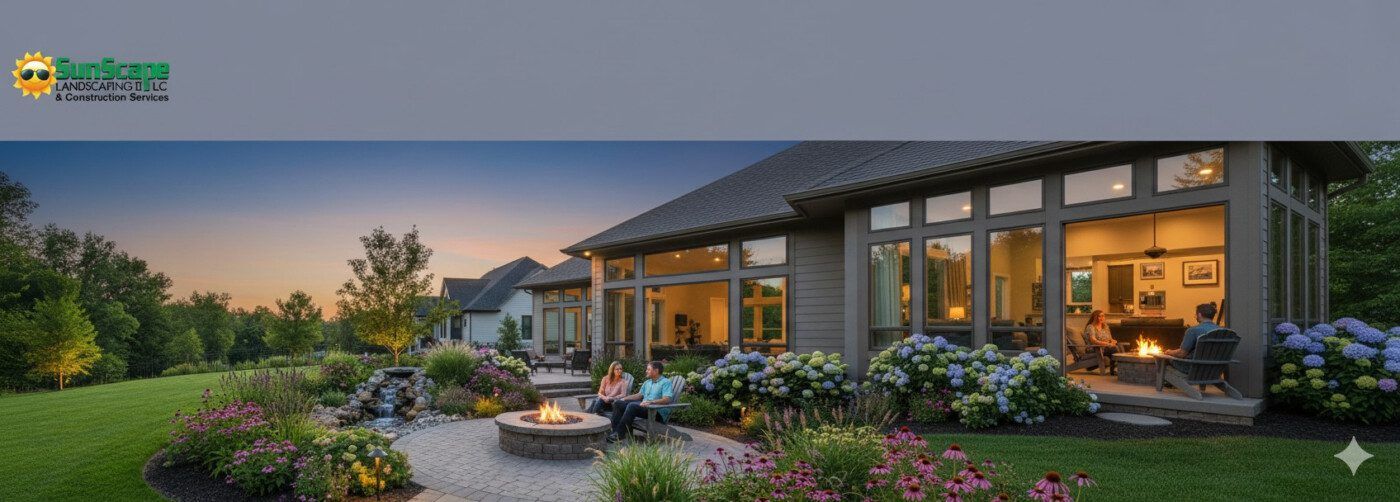 Evening view of a house with a fire pit, patio, and lush landscaping. People are gathered, and interior lights glow.