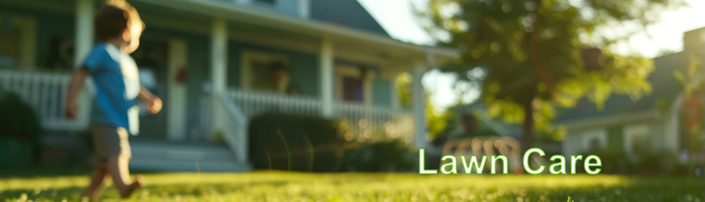 A child runs on a green lawn in front of a house. Text reads
