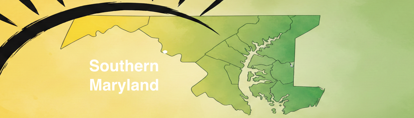 Map of Southern Maryland, with a gradient background, incorporating yellow and green.