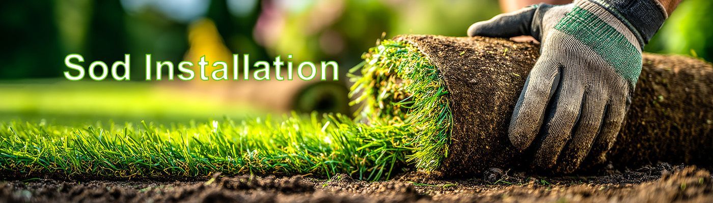 A person in work gloves rolling out a sod, with the words
