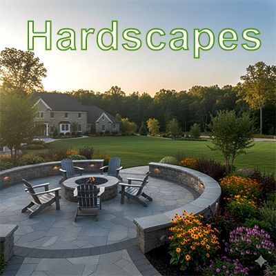 Curved stone patio with fire pit and chairs in a landscaped backyard at sunset