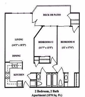 Floor plan of a 2-bedroom, 2-bath apartment with dimensions and a deck/patio.