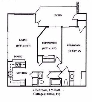 Floor plan of a 2-bedroom cottage with living room, dining, kitchen, and patio; labeled dimensions included.