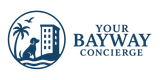 Your Bayway Concierge logo with palm tree, dog, and high-rise building in blue and black