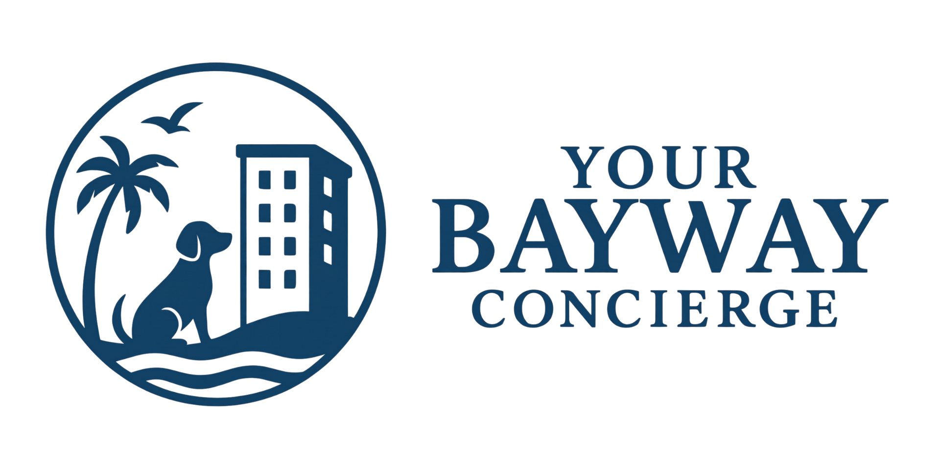 Your Bayway Concierge logo with palm tree, dog, and high-rise building in blue and black