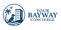 Your Bayway Concierge logo with palm tree, dog, and high-rise building in blue and black
