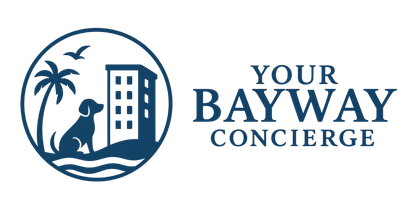 Your Bayway Concierge logo with palm tree, dog, and high-rise building in blue and black