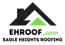 Logo for Eagle Heights Roofing featuring a black house outline icon with a green triangle, reading EHROOF.com below.