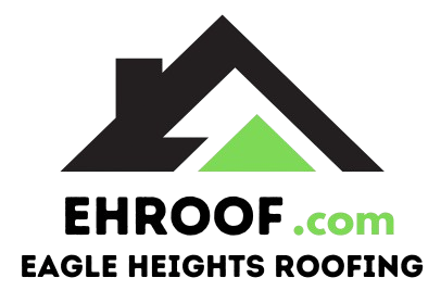 Logo for Eagle Heights Roofing featuring a black house outline icon with a green triangle, reading EHROOF.com below.