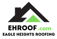 Logo for Eagle Heights Roofing featuring a black house outline icon with a green triangle, reading EHROOF.com below.