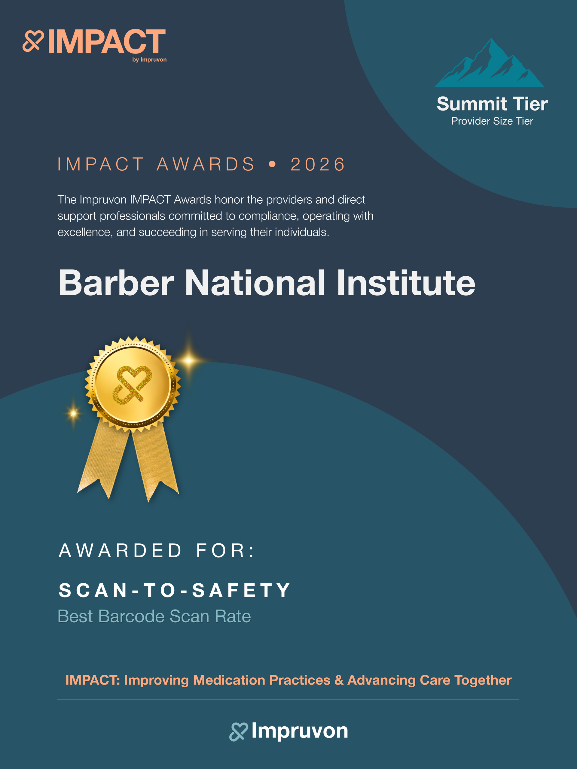 Scan to Safety Award dedicated to Barber National Institute, with gold ribbon shown on blue and dark