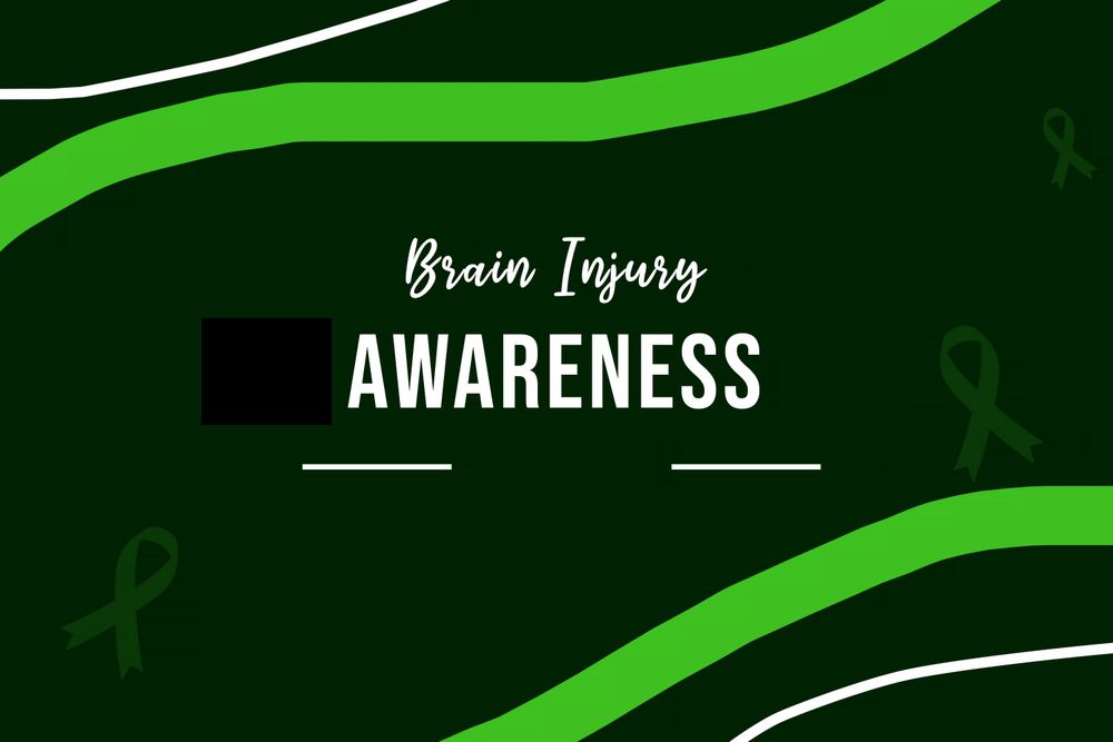 Brain Injury Awareness text on a green and black banner with ribbon symbols