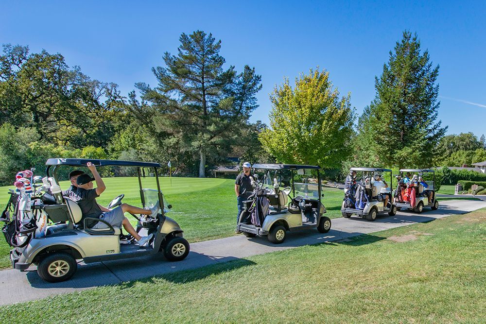Golfers in carts driving along golf course path