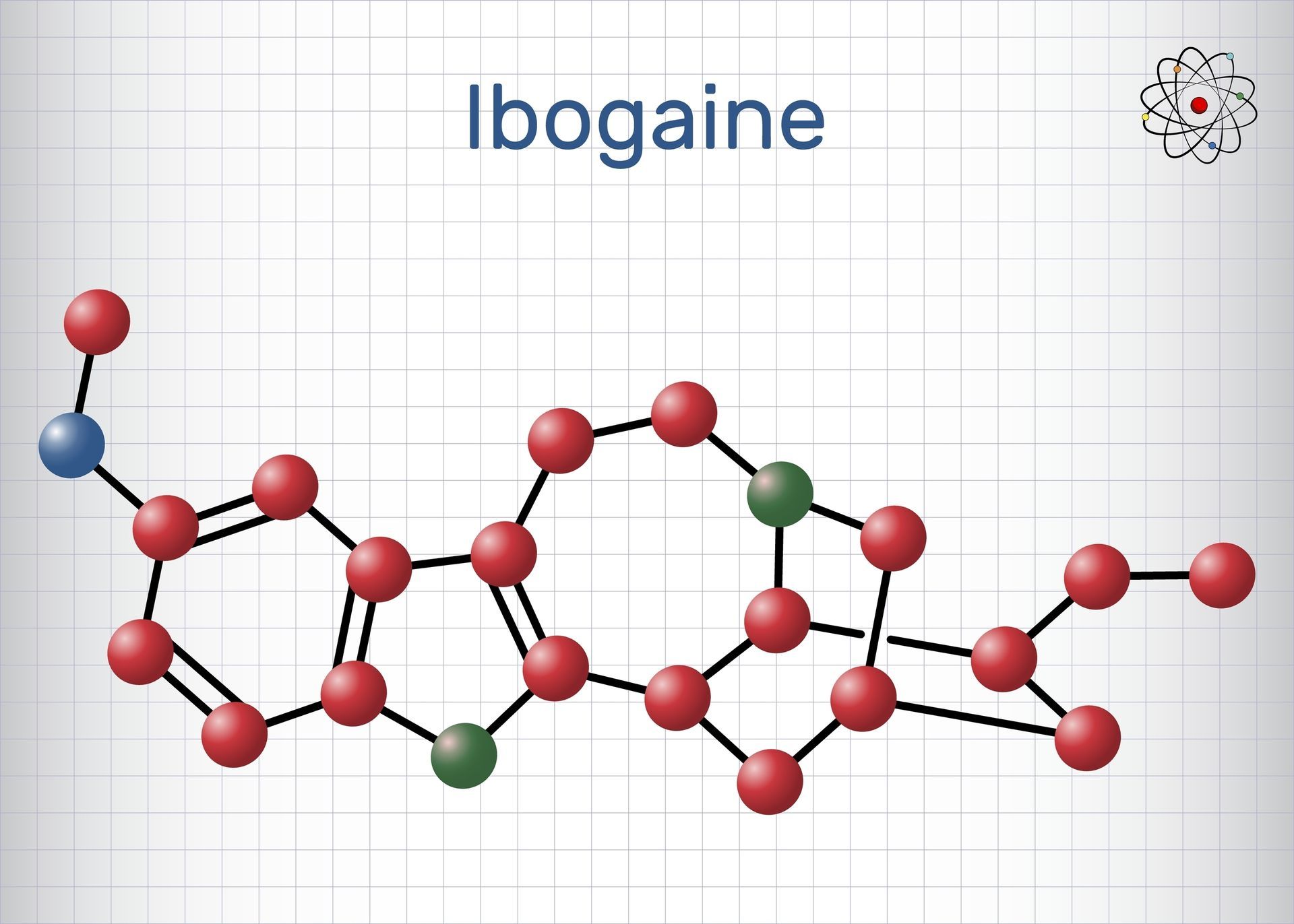 Molecular model labeled “Ibogaine” on a light grid background, with red, blue, and green atoms.