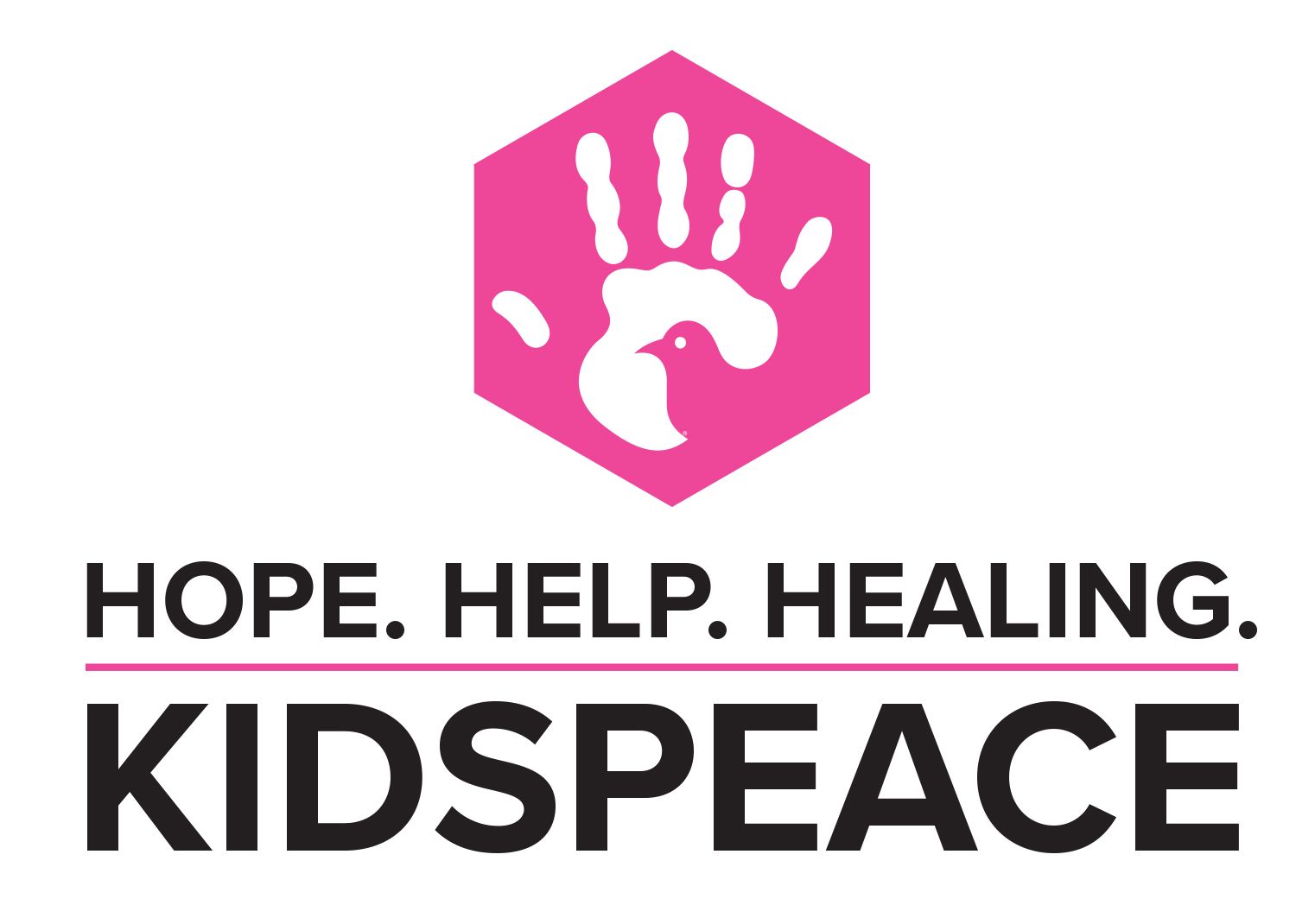 KidsPeace logo of handprint in pink hexagon with text 