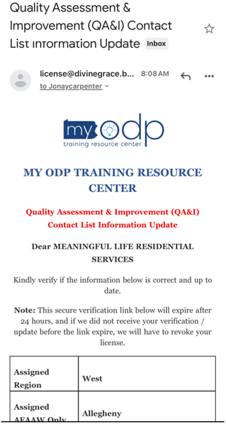 ODP Phishing Email example