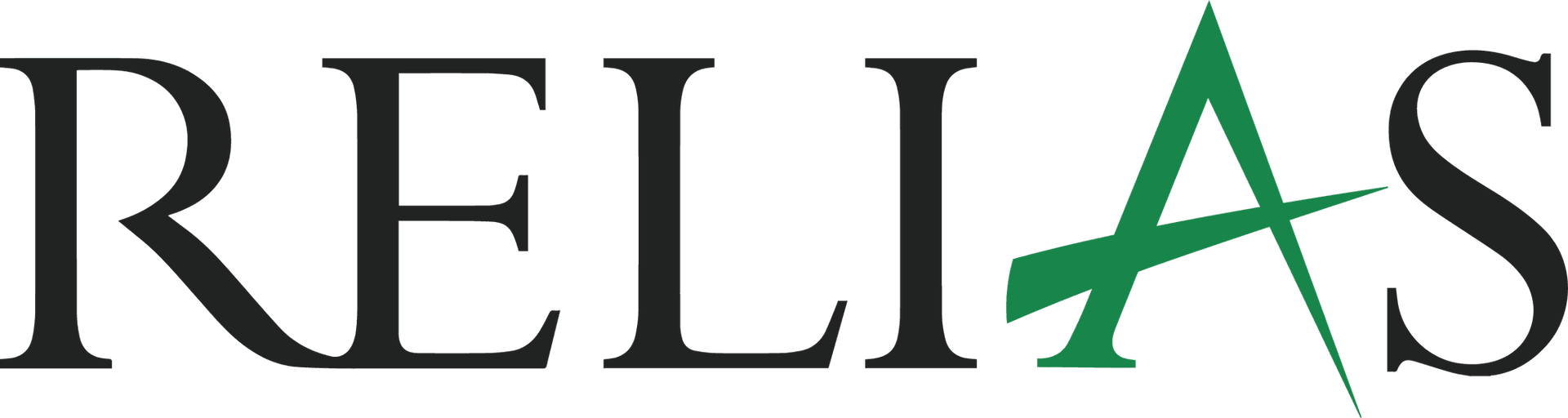 RELIAS logo with black serif text and a green stylized “A” on a white background