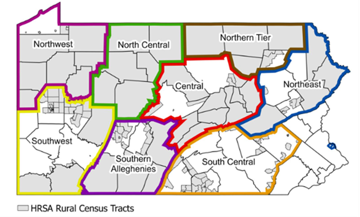 A map of Pennsylvania divided into color-coded regions labeled by name, highlighting areas designated as rural.