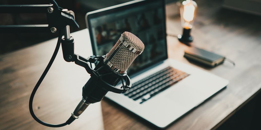Interview microphone set-up in front of laptop