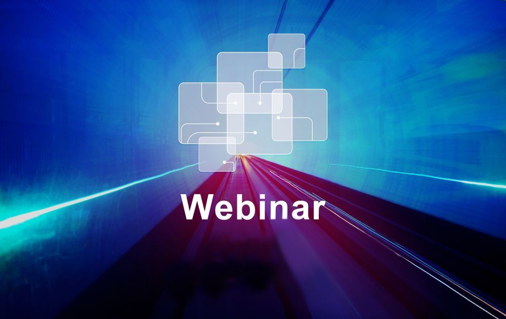 Webinar title on a blue abstract background with glowing lines and translucent squares