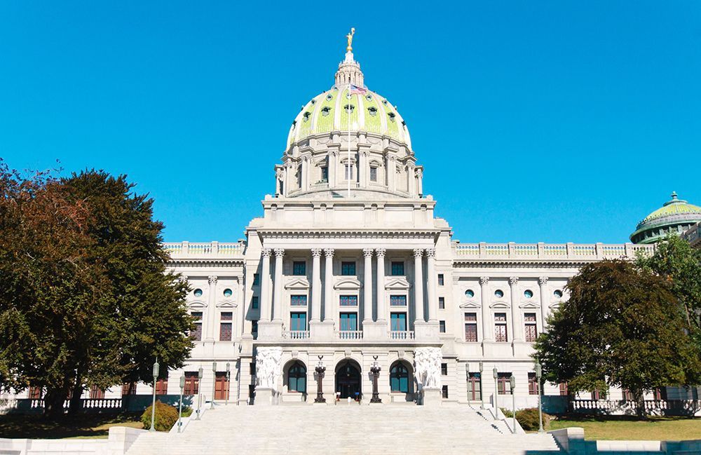 Frontal sunny view of the PA Capitol building