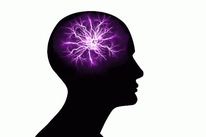 A silhouette of a human head containing a glowing purple lightning-like burst of energy.