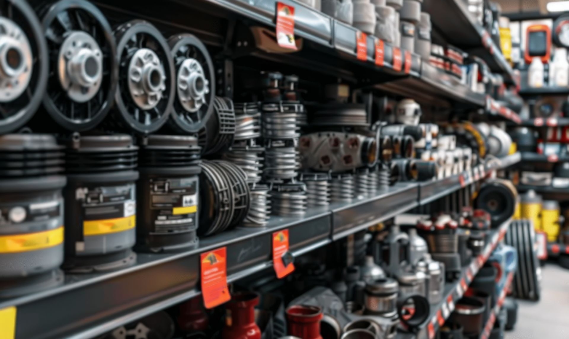 Les étagères d'un entrepôt contiennent des pièces automobiles ou industrielles, notamment des roues, des ressorts hélicoïdaux et diverses pièces métalliques.