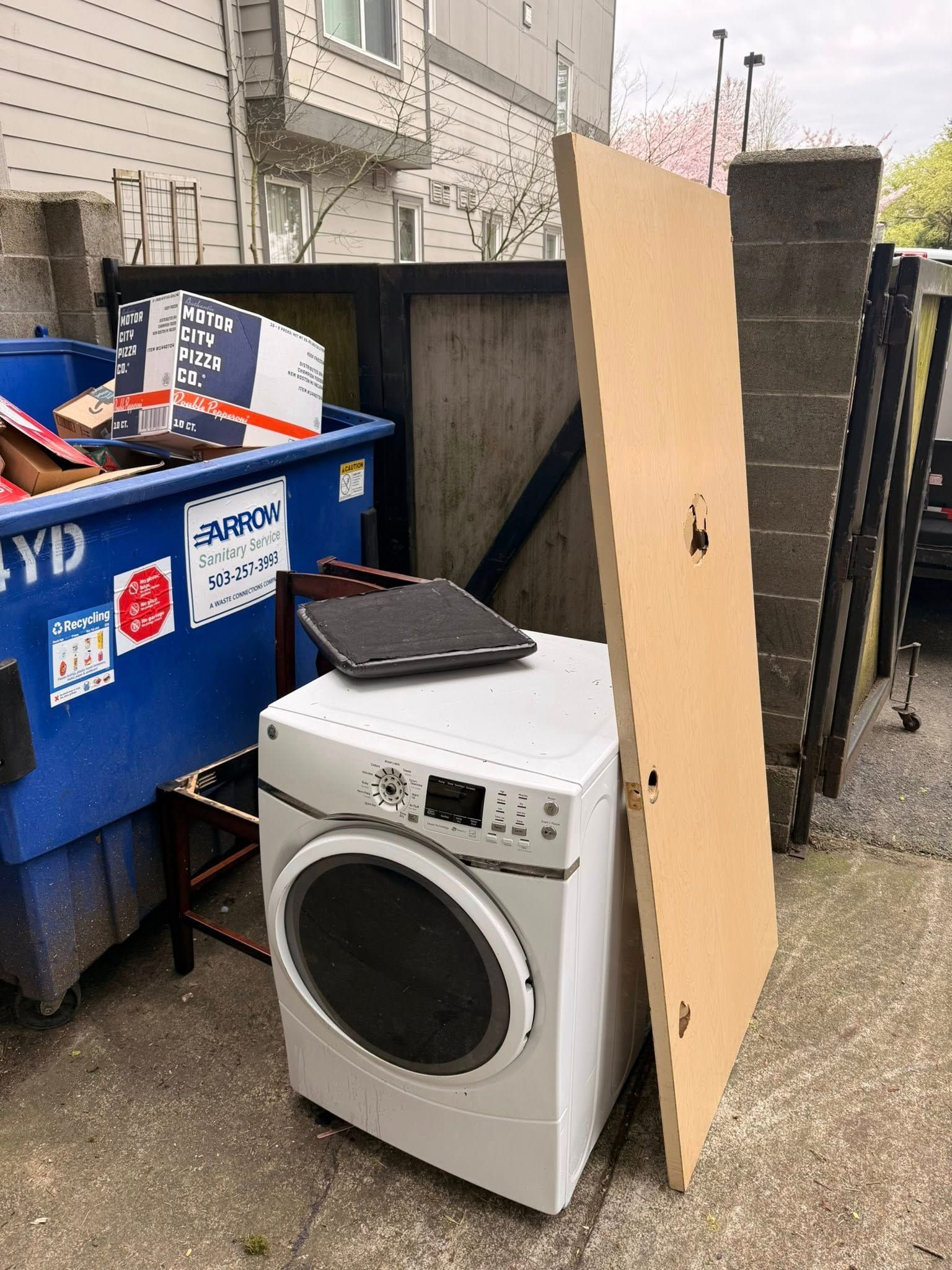 Abandoned washing machine and wooden door panel beside a blue dumpster in an alley