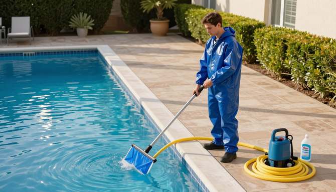 Worker in blue coveralls skimming a swimming pool beside a coiled hose and cleaning equipment