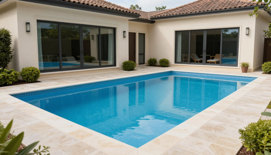 Modern backyard patio with a blue swimming pool beside a white house and sliding glass doors