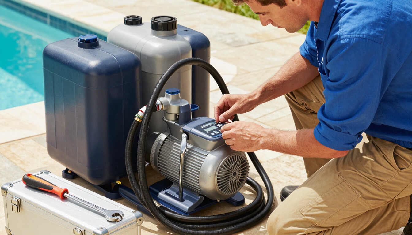 Technician testing a pool pump and filter system beside a swimming pool