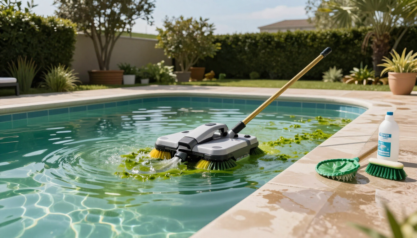 Pool cleaning robot skims leaves in a backyard swimming pool beside a stone deck with brushes and bottle