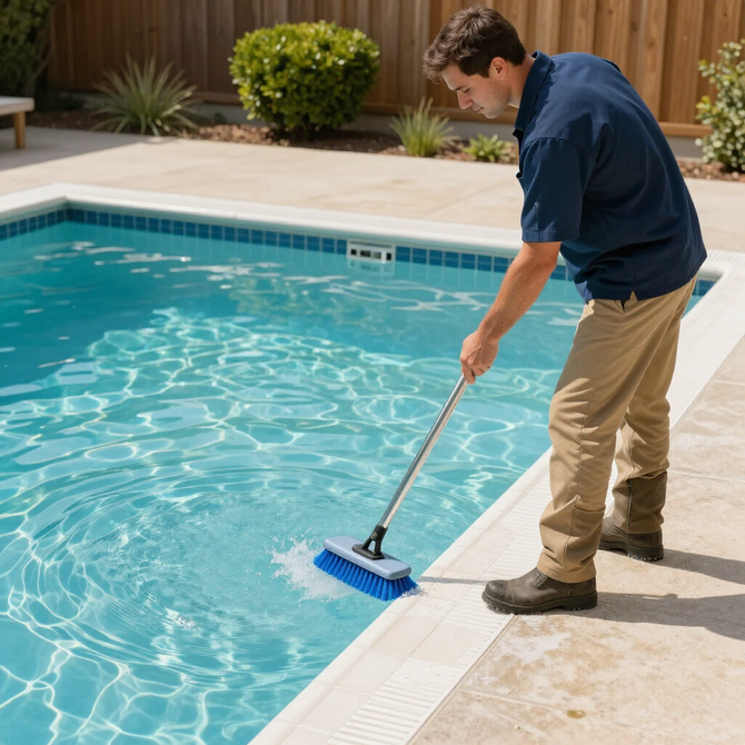 Person cleaning the edge of a backyard swimming pool with a blue brush