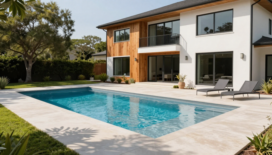 Modern house with a backyard swimming pool and patio loungers
