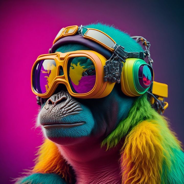 A colorful monkey wearing goggles and headphones