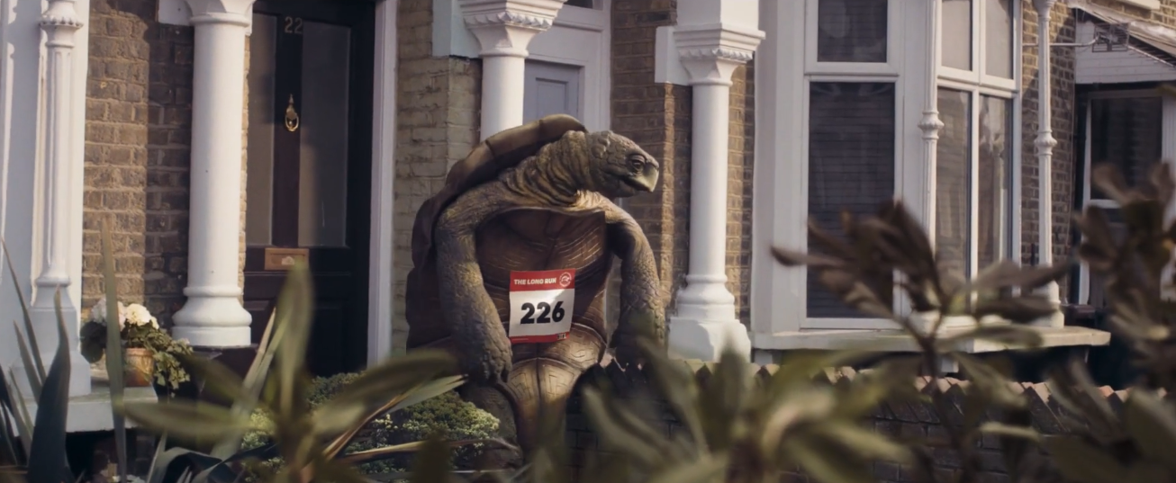 A turtle is standing in front of a house.