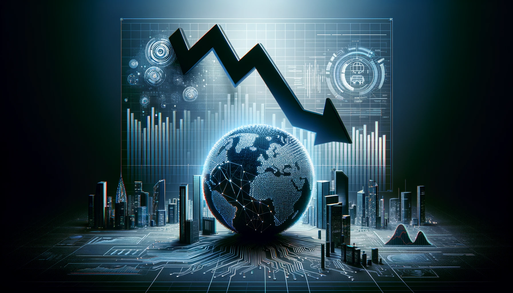 A graph with an arrow pointing down and a globe in the foreground.