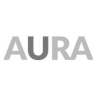 The word aura is written in gray letters on a white background.