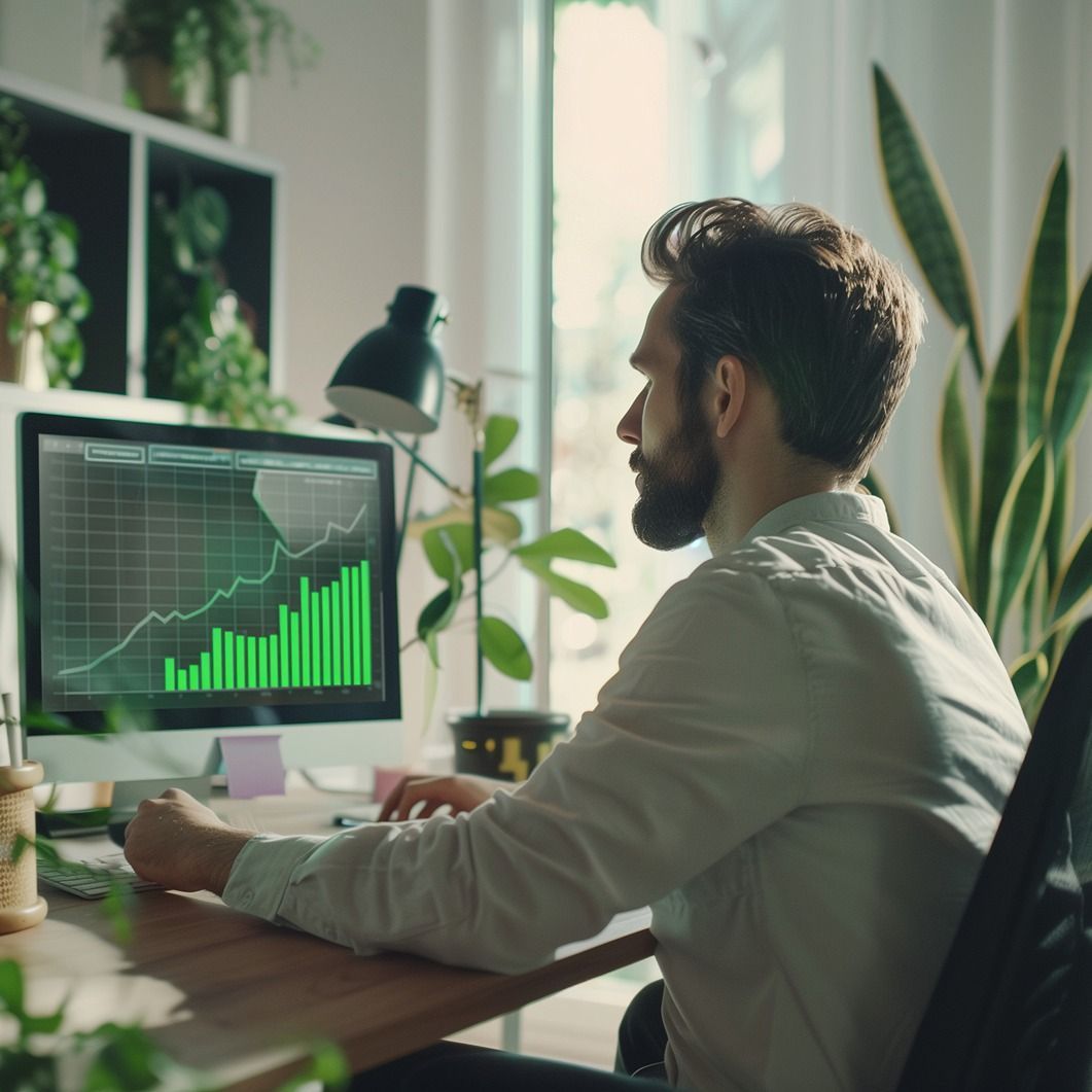 A computer screen displays a graph showing the price of a stock